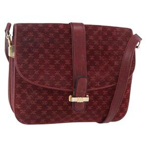 Authentic CELINE Macadam Canvas Shoulder Bag Suede Bordeaux Gold